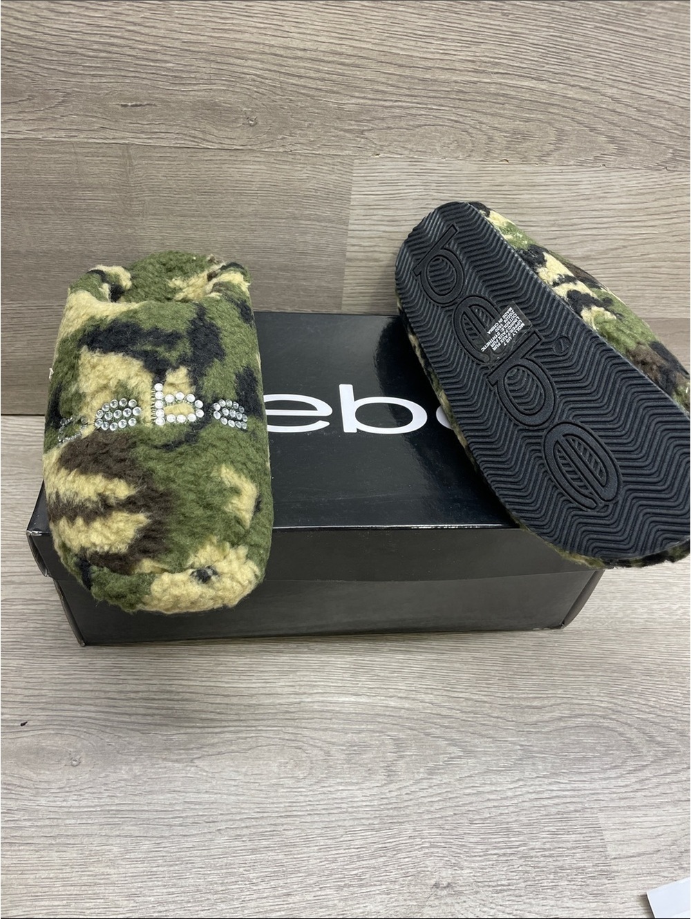 bebe Green Camouflage Faux Fur Slip-Ons with Crystal Logo Accent #276
